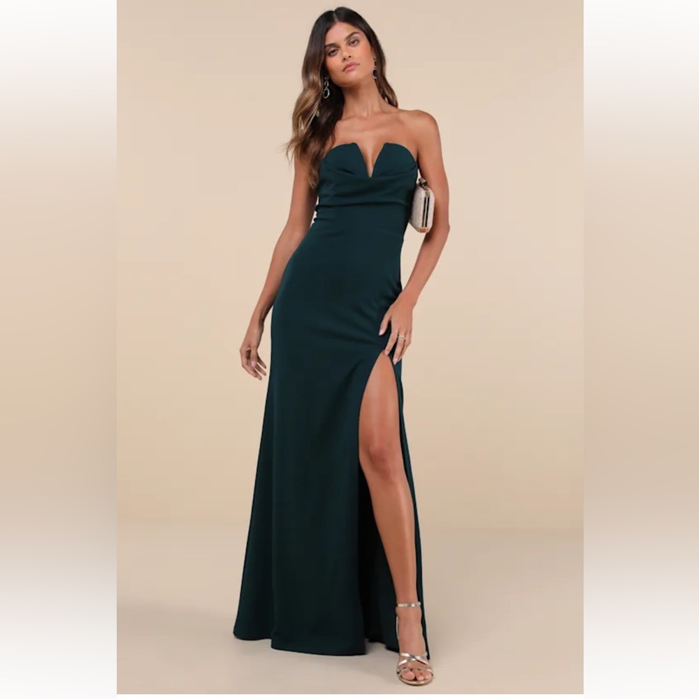 Lulus Effortless Radiance Emerald Green Strapless Mermaid Maxi Dress; Size S